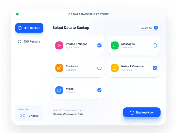 Tela de backup e restauração multiplataforma do iOS