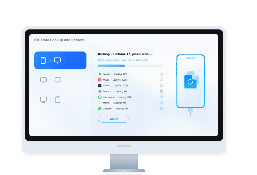 Tela de restauração e backup do iOS
