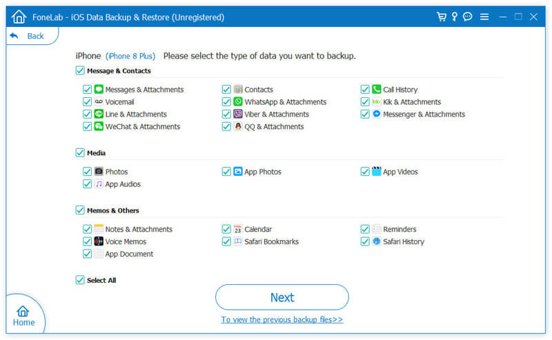 Selecione dados para backup