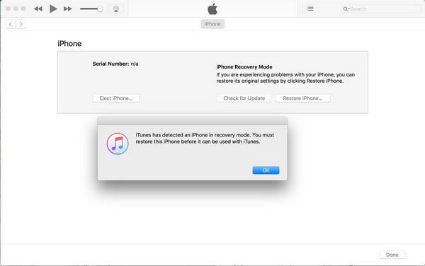 Mensagem do modo de recuperação do iTunes