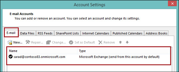 Verifique a conta do Outlook Exchange