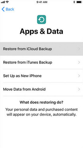 Tela de aplicativos e dados - Restaurar do backup do iCloud