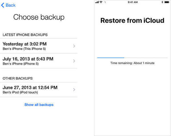 Escolha iCloud Backup para recuperação de mensagem de texto do iPhone