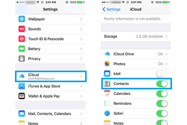 Configuração de contatos no iPhone iCloud