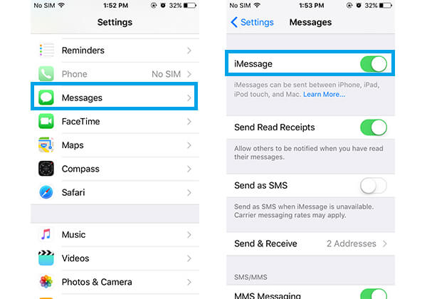 Ativar o recurso iMessage para corrigir iMessage não enviando