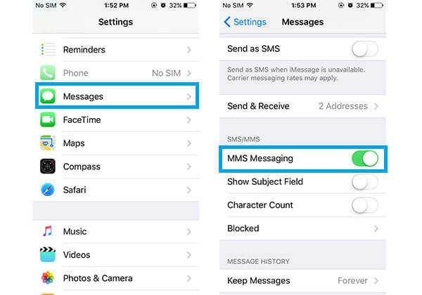 Ativar mensagens MMS para corrigir o iphone não envia fotos