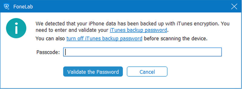 Digite a senha de backup do iTunes