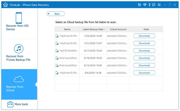 Lista de backup do iCloud