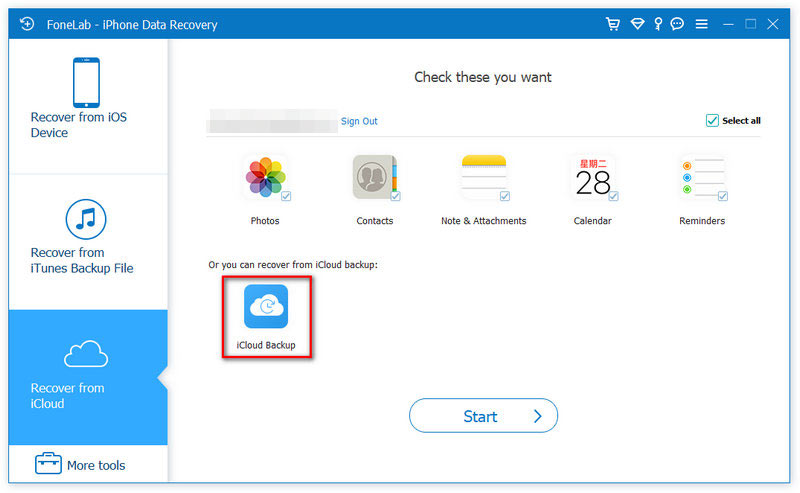 FoneLab verifica o backup do iCloud