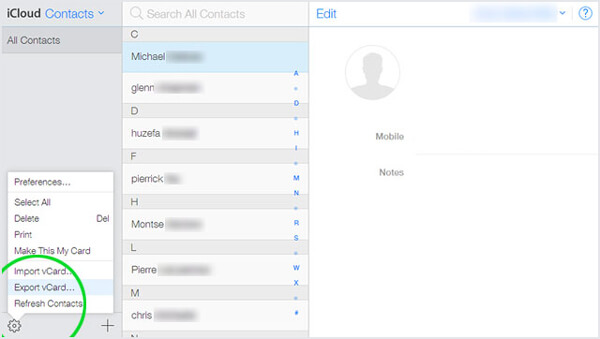 Exportação iCloud Contactos