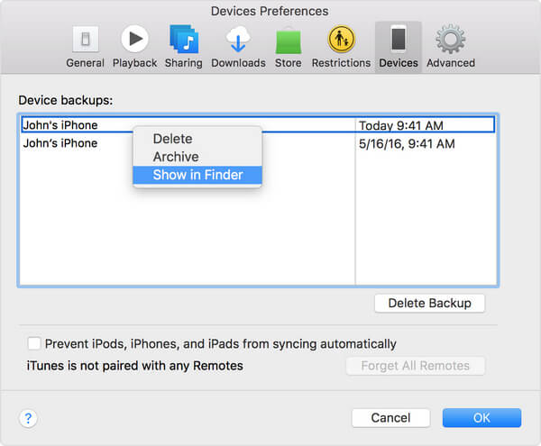 Mostrar backup do iTunes no Finder