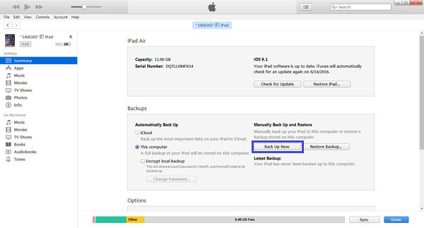 Faça backup do iPad no iTunes