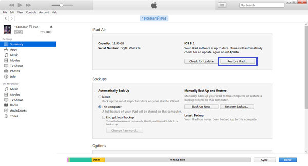 Restaurar iPad no iTunes