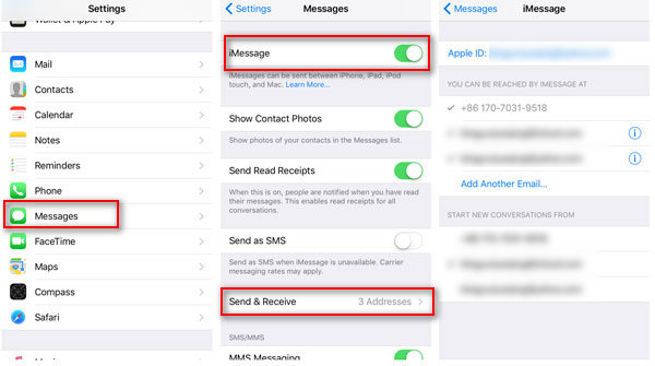 Configurações de recebimento e envio de iMessages