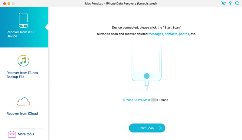 Conecte o iPhone 13 Pro Max e inicie a digitalização de dados.