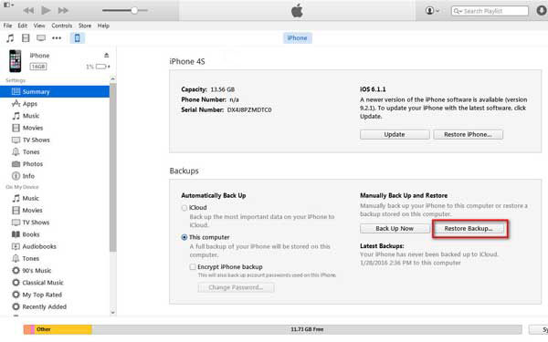 Restaurar o iPhone do iTunes Backup