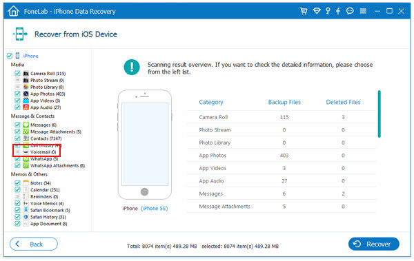 Digitalize o iPhone para recuperar o correio de voz do iPhone excluído