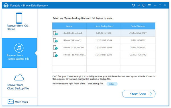 Selecione os arquivos de backup do iTunes