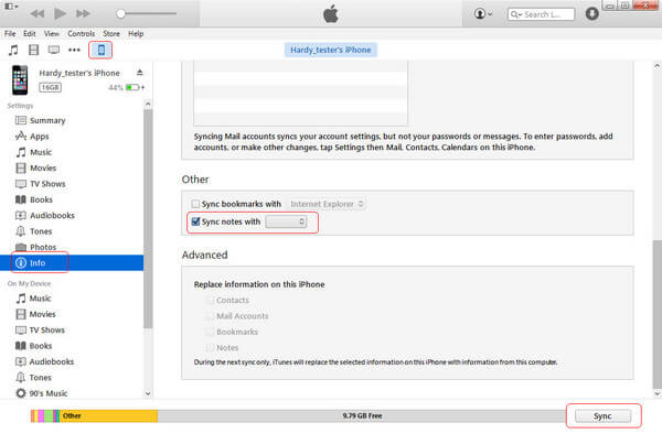 Sincronize notas com o Outlook via iTunes
