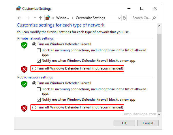 Desative o Defender Firewall