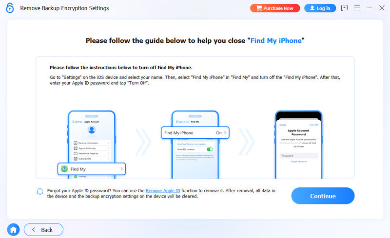 Feche o Find My antes de remover a criptografia de backup