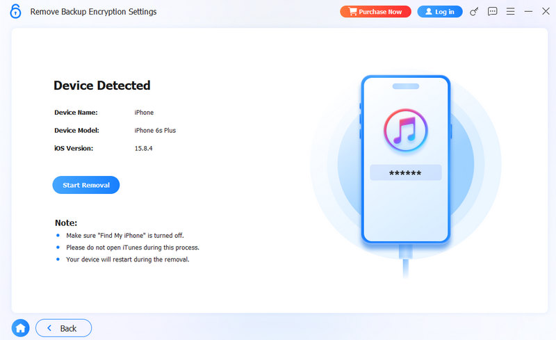 Iniciar Remover Configurações de Criptografia de Backup