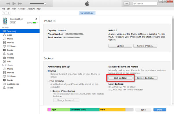 Faça backup do iPhone no disco rígido externo do iTunes