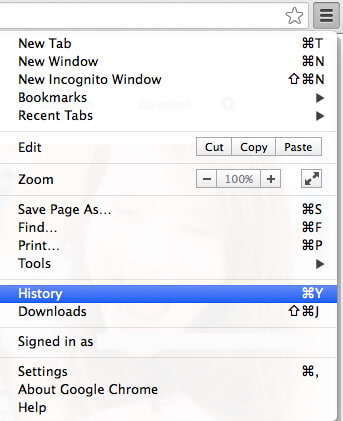 Configurações de histórico no Mac Chrome