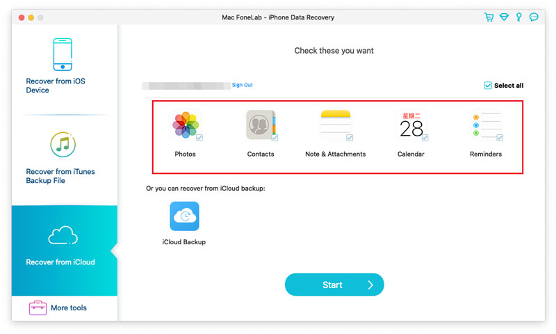 Fonelab Selecione o tipo de dados do iCloud para digitalização