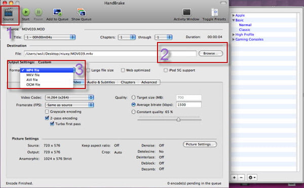 Carregar DVD/vídeo e configurações do HandBrake para Mac