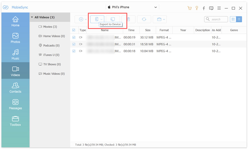 Mobiesync Transferir vídeos do iPhone