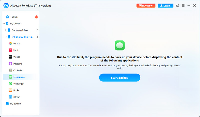 Foneease Connect iPhone 17 Iniciar Backup