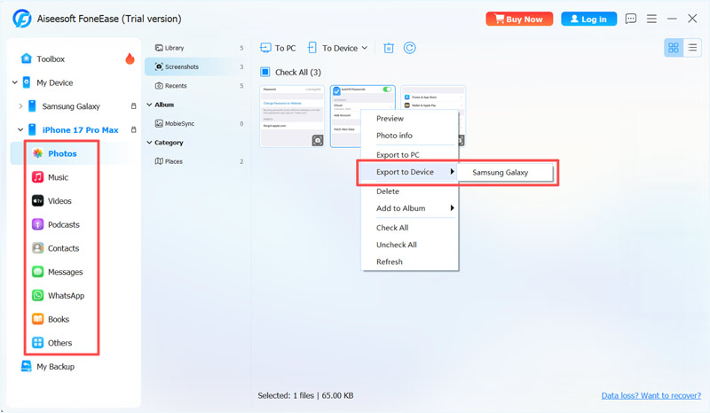 Transferir arquivos do iPhone para o Samsung Galaxy Foneease