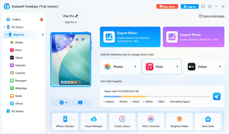 Conecte o iPad Pro, escolha a música no Foneease