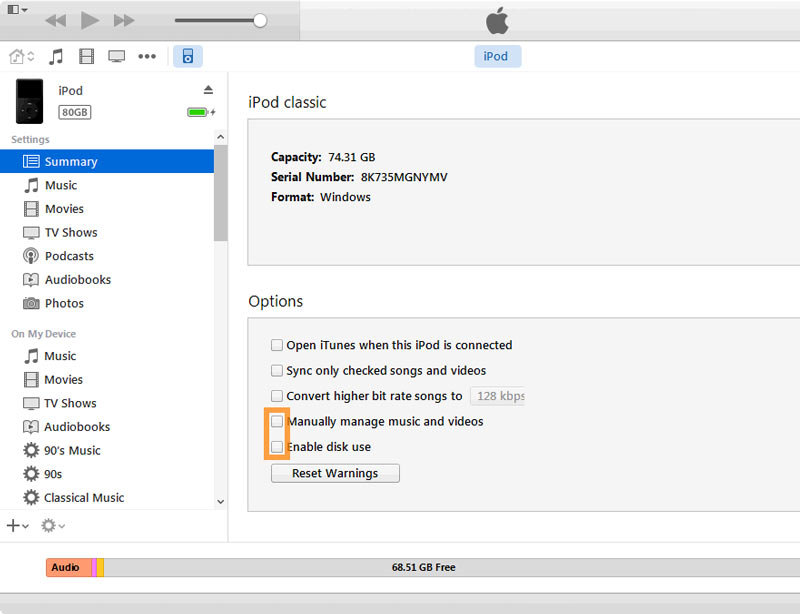 Ativar o uso do disco no iPod Classic