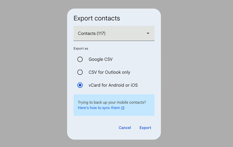 Exportar contatos do Google como VCard para Android e iOS