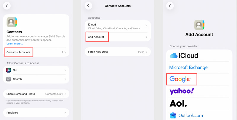 Configurações do iCloud Contatos Adicionar conta do Google iPhone
