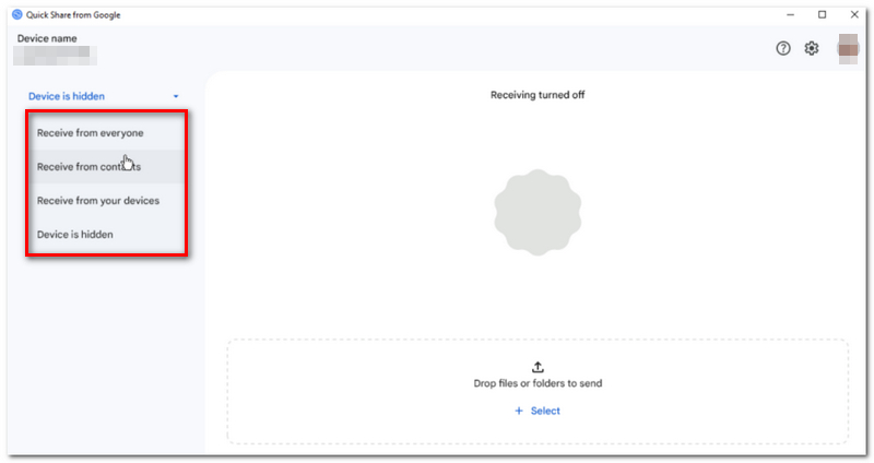 Selecione a configuração de visibilidade
