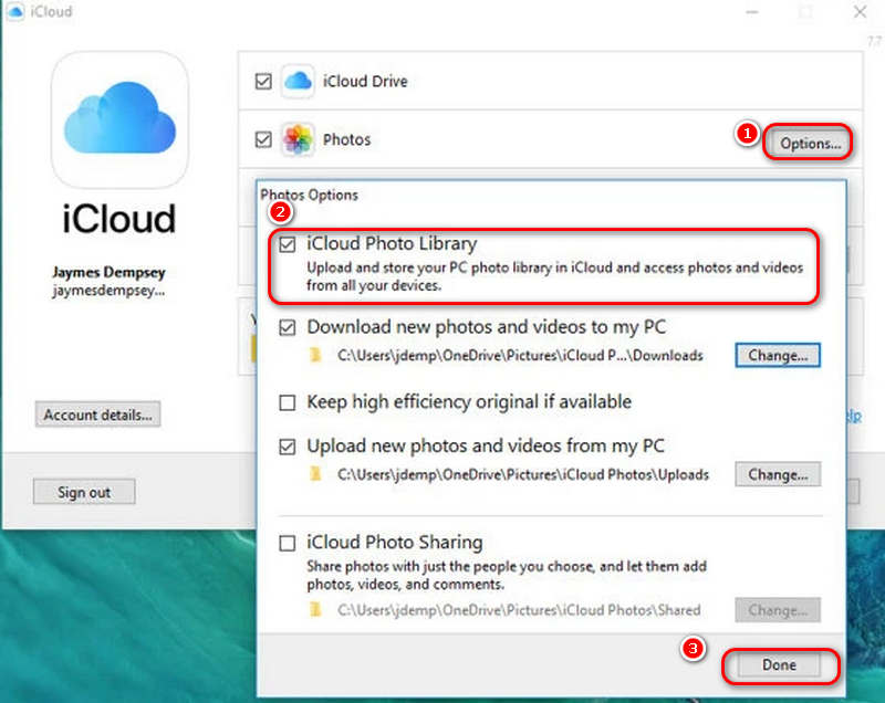 Sincronizar fotos do iCloud no Windows