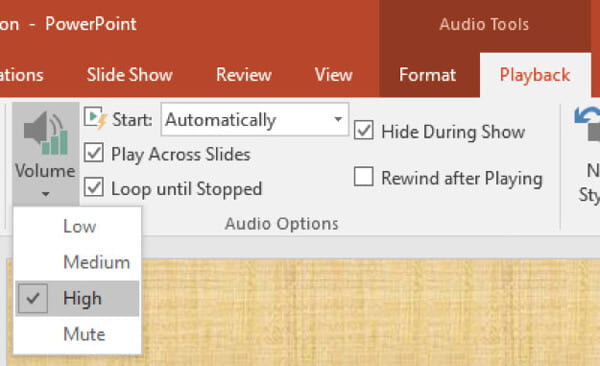 Opções de reprodução de áudio do PowerPoint