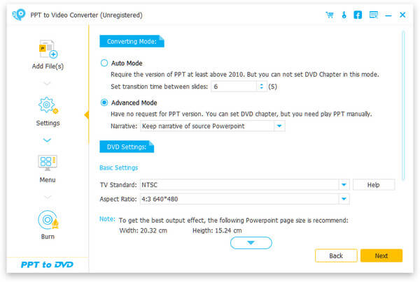 Faça configurações para conversão de PPT para DVD