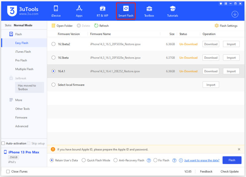 Atualização de downgrade do 3uTools Smart Flash para iOS