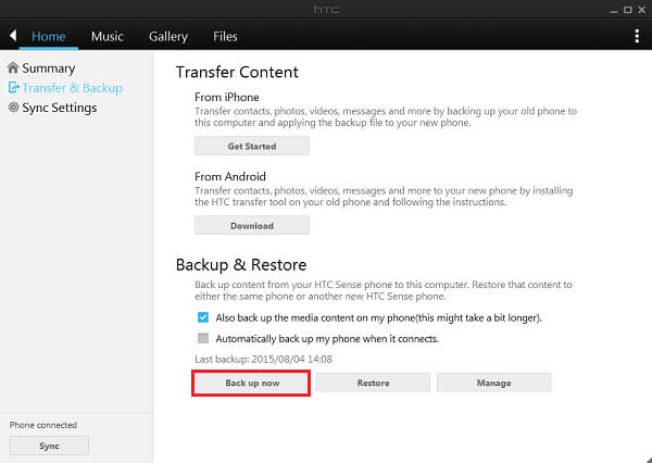 Faça backup do HTC com HTC Sync Manager