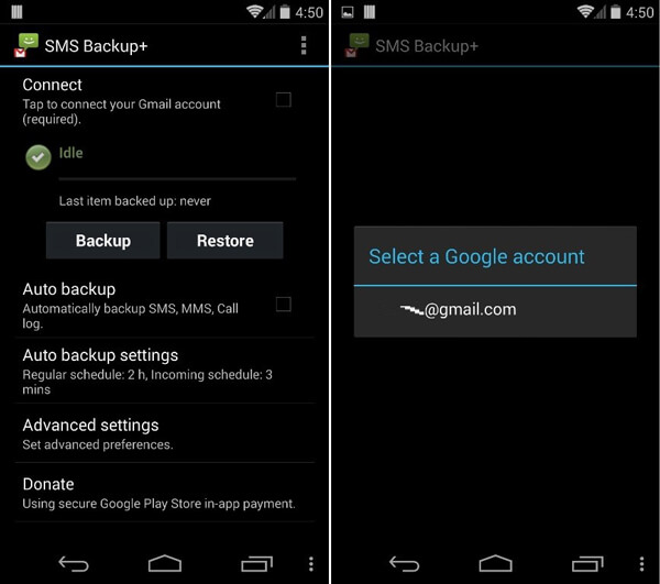Faça backup automático do Motorola SMS com a conta do Gmail conectada