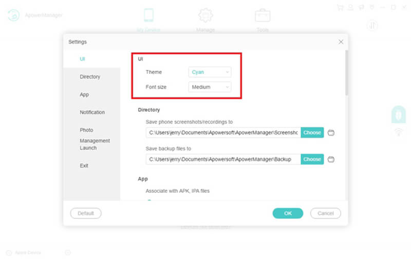 Configurações de IU do Apowermanager