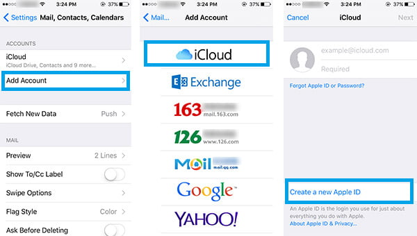 Adicionar nova conta do iCloud nas configurações do iPhone