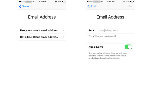 Escolha um endereço de e-mail do iCloud para criar uma nova conta do iCloud