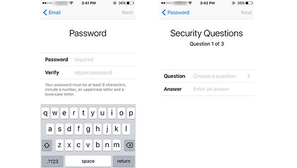 Crie uma senha do iCloud e defina perguntas de segurança