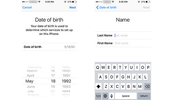 Digite a data de nascimento e o nome para criar uma nova conta do iCloud