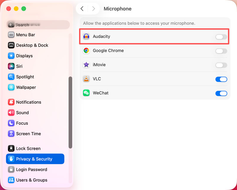 Privacidade e segurança do microfone para Mac no Audacity